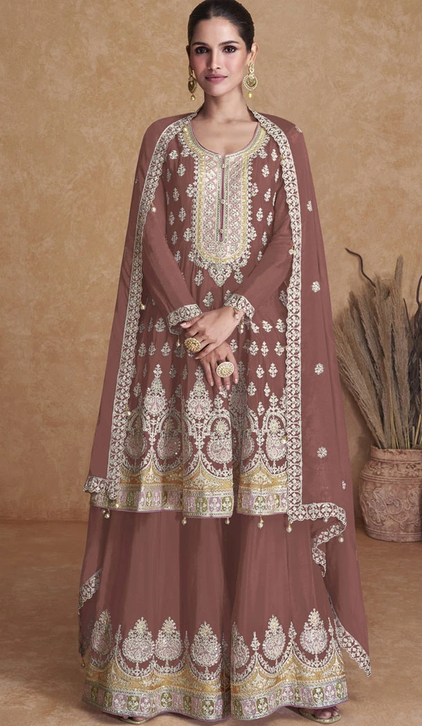 Designer Georgette Embroidery Work Pakistani Sharara Suit In Brown - 8387182120