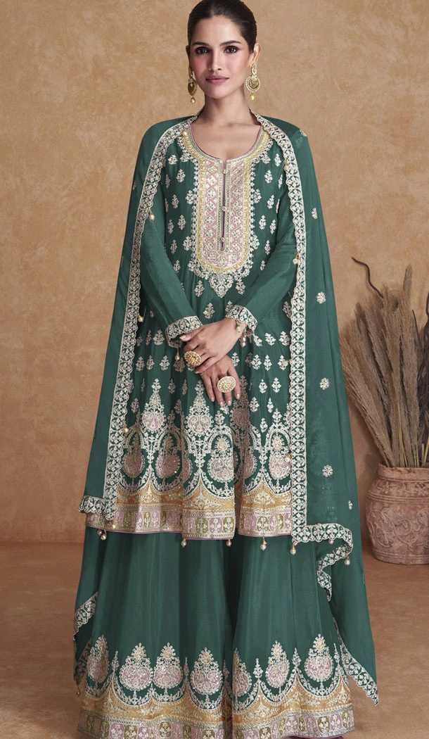 Designer Georgette Embroidery Work Pakistani Sharara Suit In Green - 8387182121
