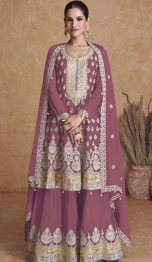 Designer Georgette Embroidery Work Pakistani Sharara Suit In Pink - 8387182122