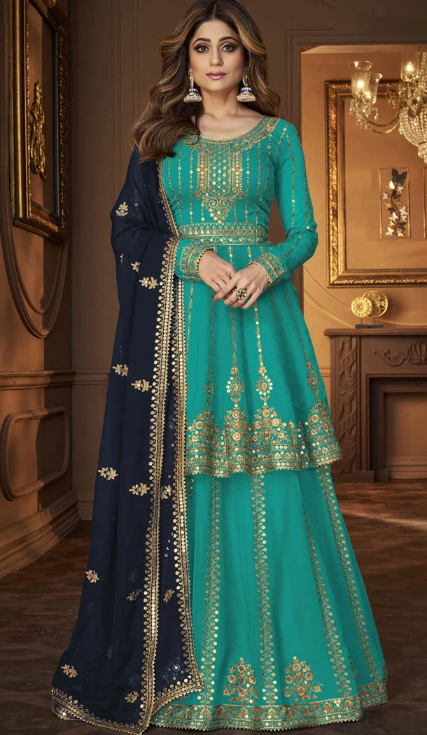 Embroidery Work Georgette Turquoise Designer Lehenga Suit - 8388182123