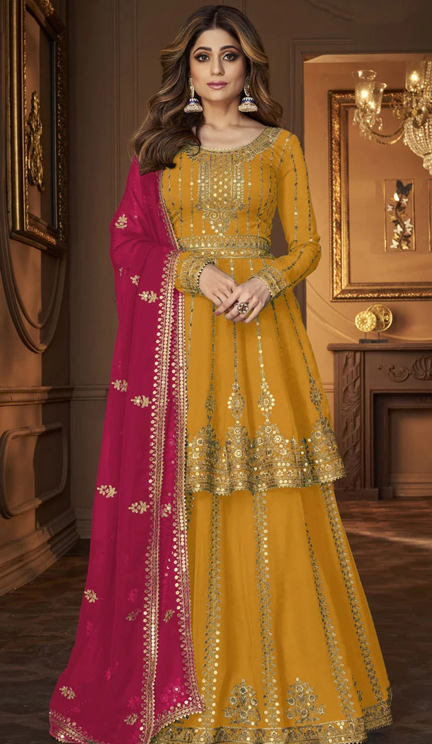 Embroidery Work Georgette Yellow Designer Lehenga Suit - 8388182124