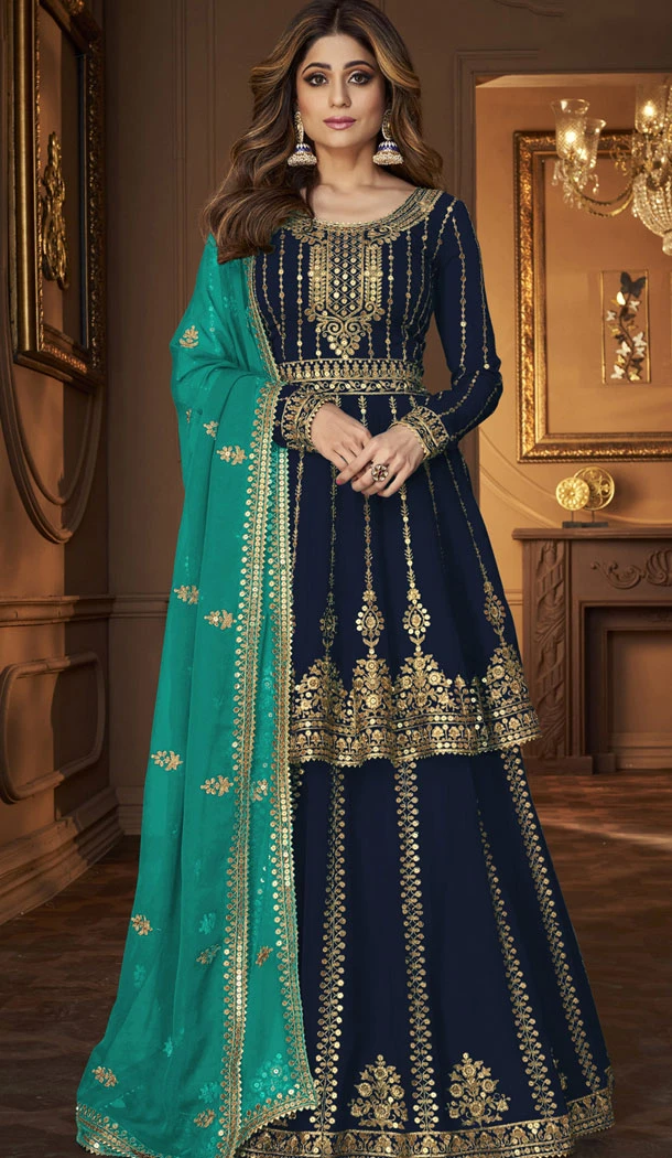 Embroidery Work Georgette Navy Blue Designer Lehenga Suit - 8388182125