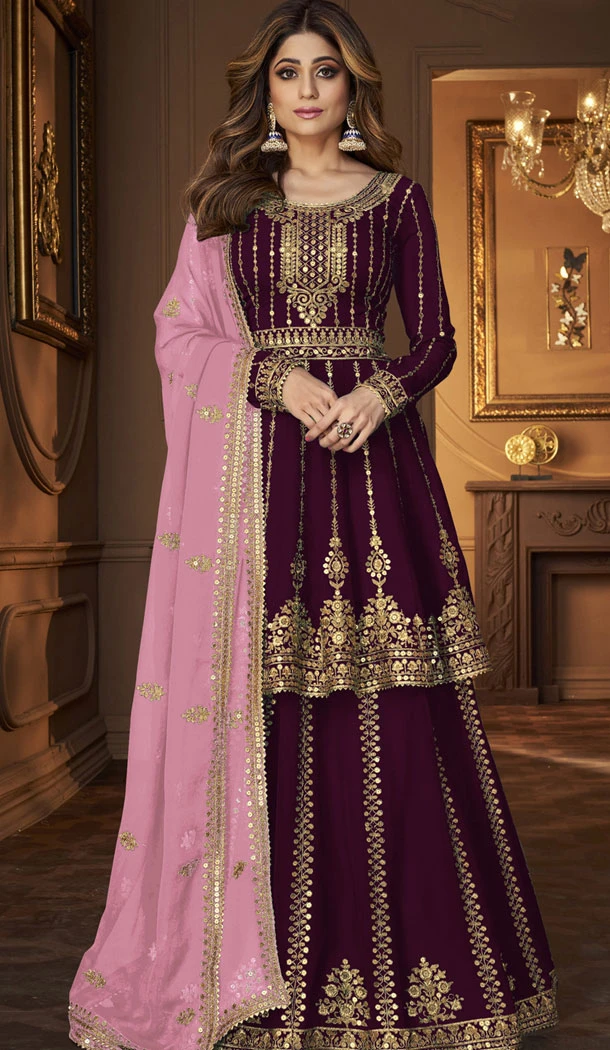 Embroidery Work Georgette Wine Designer Lehenga Suit - 8388182126