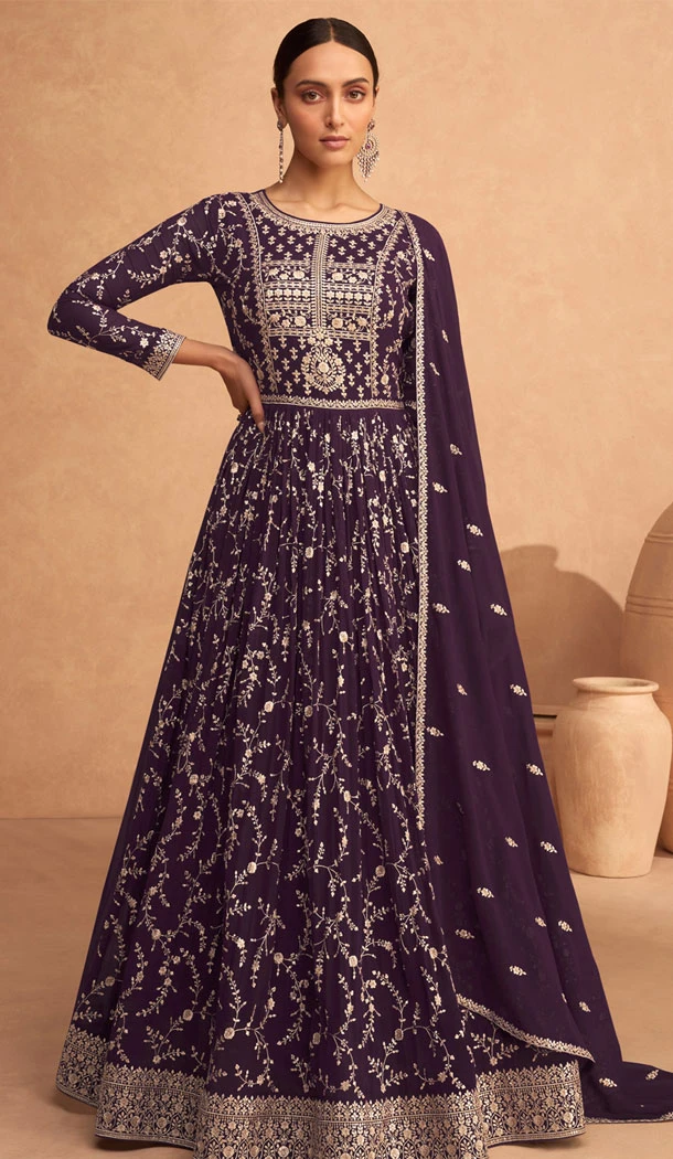 Beautiful Purple Georgette Embroidery Work Designer Salwar Suit - 8389182127