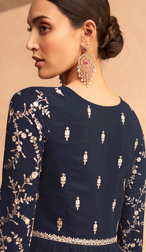 Classy Navy Blue Georgette Embroidery Work Designer Salwar Suit - 8389182128