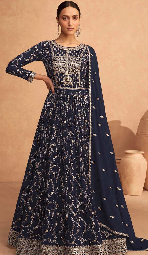 Classy Navy Blue Georgette Embroidery Work Designer Salwar Suit - 8389182128