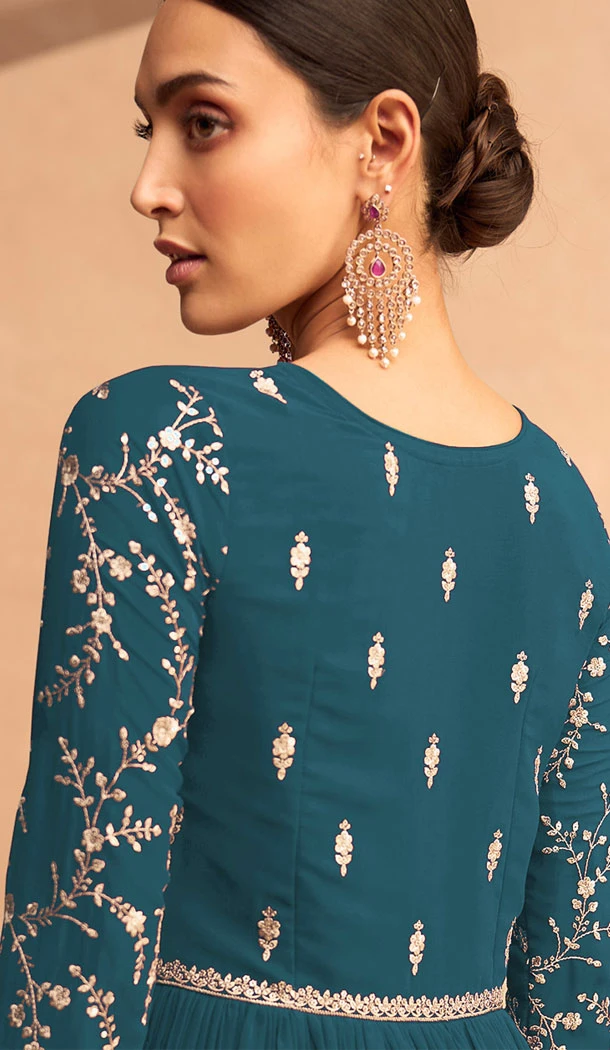 Exotic Teal Blue Georgette Embroidery Work Designer Salwar Suit - 8389182129