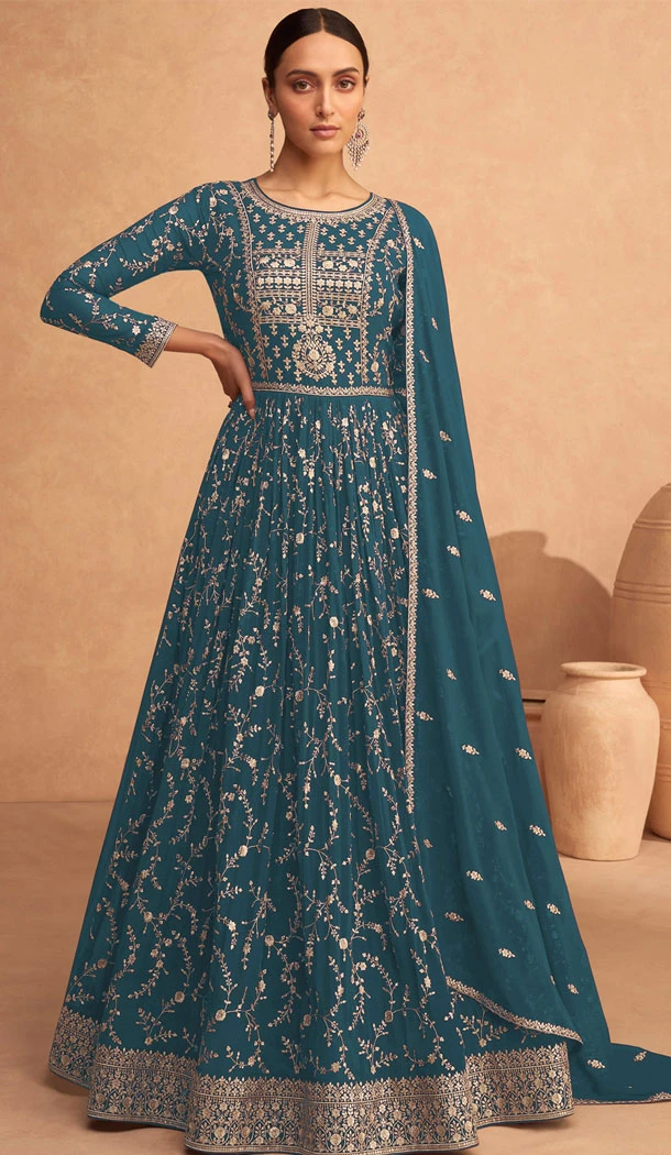 Exotic Teal Blue Georgette Embroidery Work Designer Salwar Suit - 8389182129