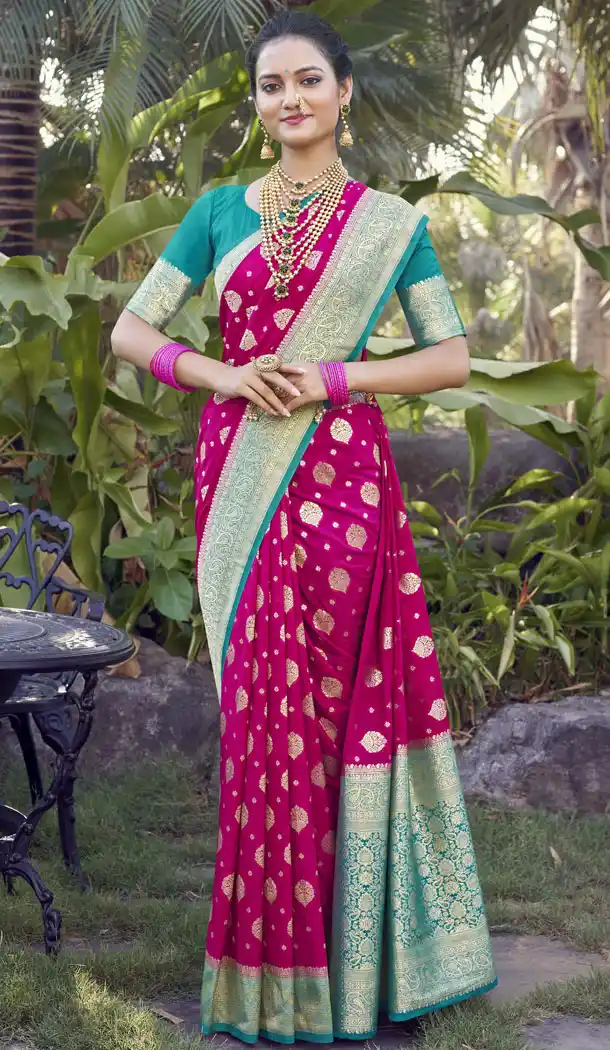 Crepe Silk Zari Weaving Work Saree Blouse In Rani Pink - 8398182187