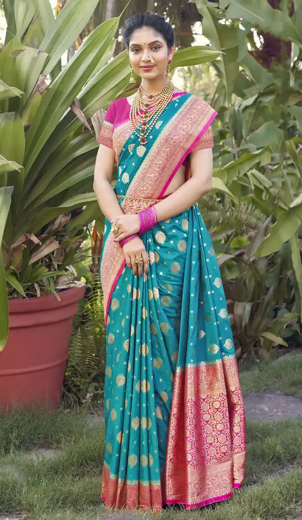 Crepe Silk Zari Weaving Work Saree Blouse In Teal Blue - 8398182190