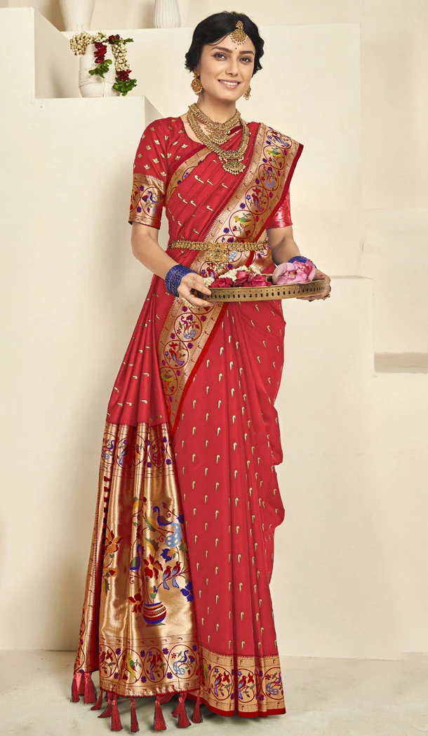 Silk Paithani Red With Resham Work Plus Size Saree - 8399182193