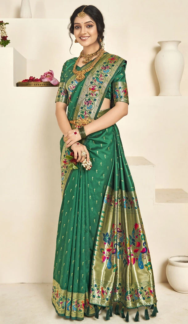 Silk Paithani Dark Green With Resham Work Plus Size Saree - 8399182194