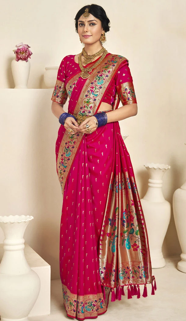 Silk Paithani Rani Pink With Resham Work Plus Size Saree - 8399182195