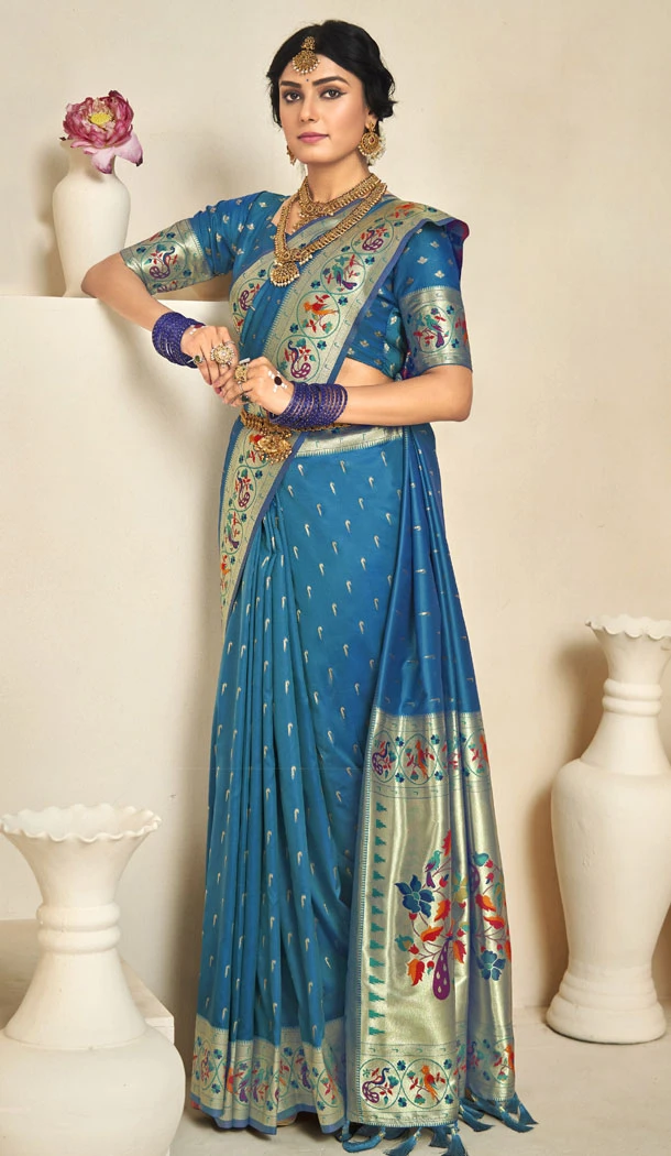 Silk Paithani Rama With Resham Work Plus Size Saree - 8399182196