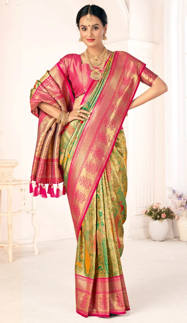 Woven Work Kanjivaram Silk Green Saree Blouse - 8400182198