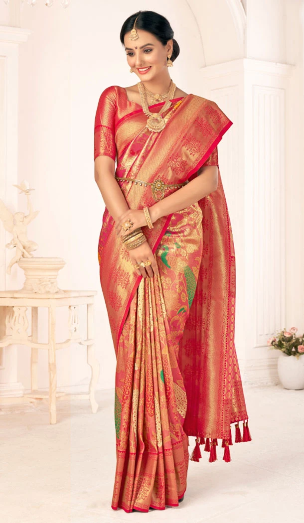 Woven Work Kanjivaram Silk Peach Saree Blouse - 8400182199