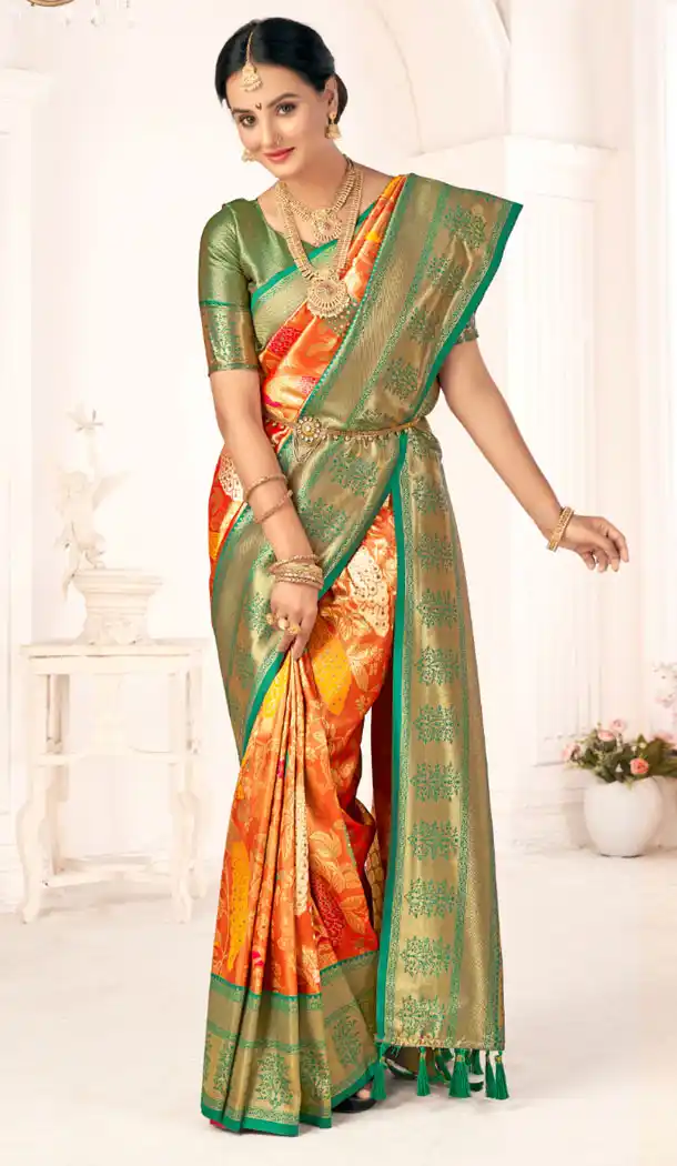 Woven Work Kanjivaram Silk Orange Saree Blouse - 8400182202