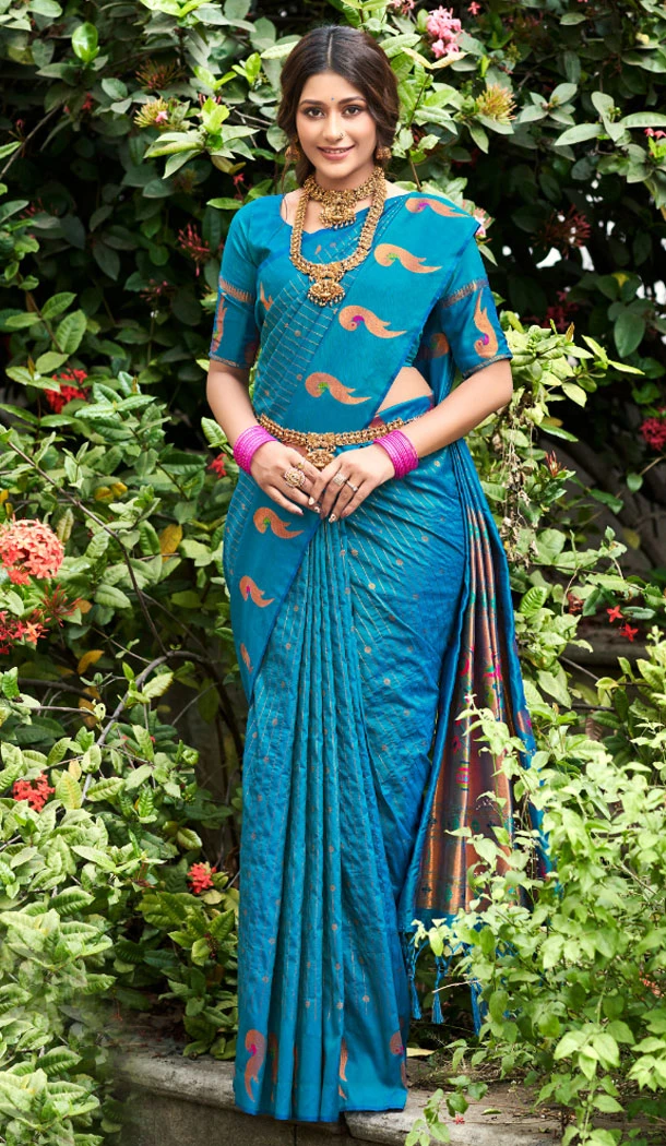 Rama Blue Color Paithani Silk Resham Work Party Wear Saree - 8401182203