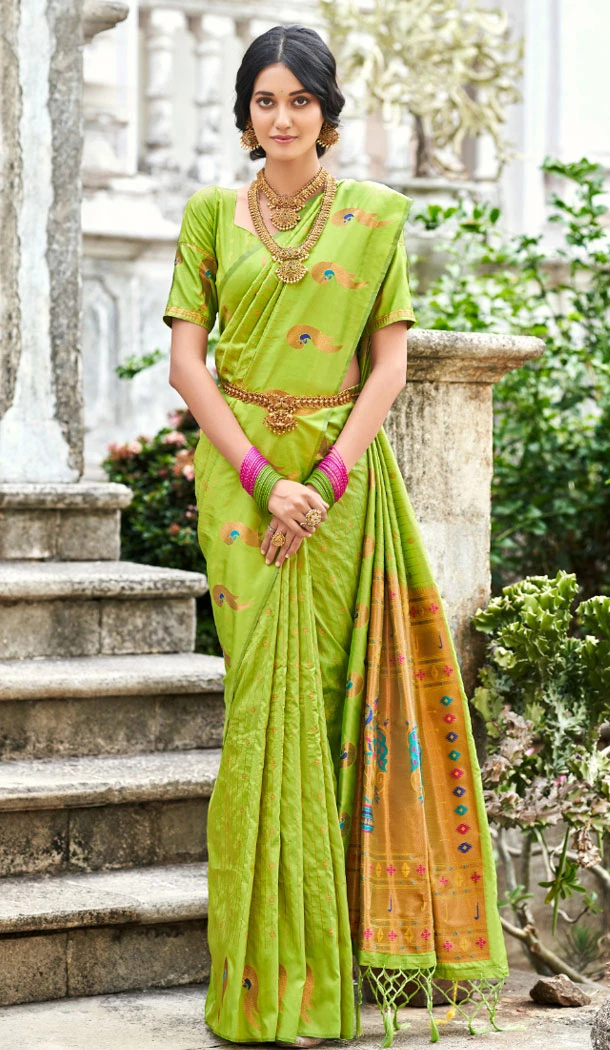 Green Color Paithani Silk Resham Work Party Wear Saree - 8401182208