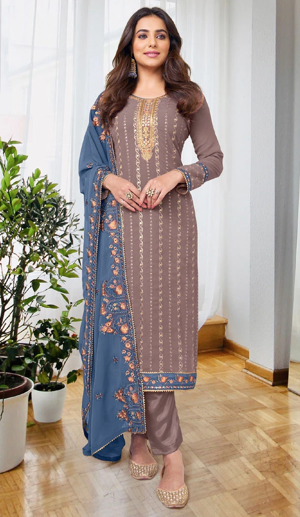 Mauve Georgette Embroidery Work Pakistani Salwar Kameez - 8411182259