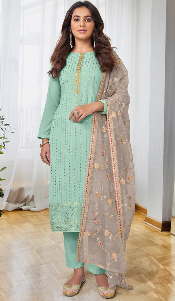 Sky Blue Color Georgette Embroidery Work Pakistani Salwar Kameez - 8411182260
