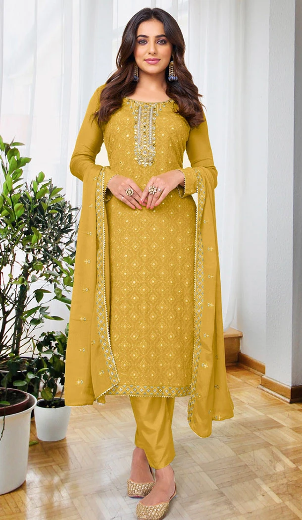 Yellow Georgette Embroidery Work Pakistani Salwar Kameez - 8411182262