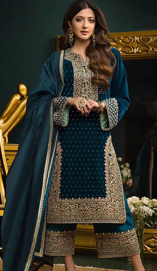 Velvet Embroidery Work Pakistani Palazzo Suit In Aqua Blue - 8412182263