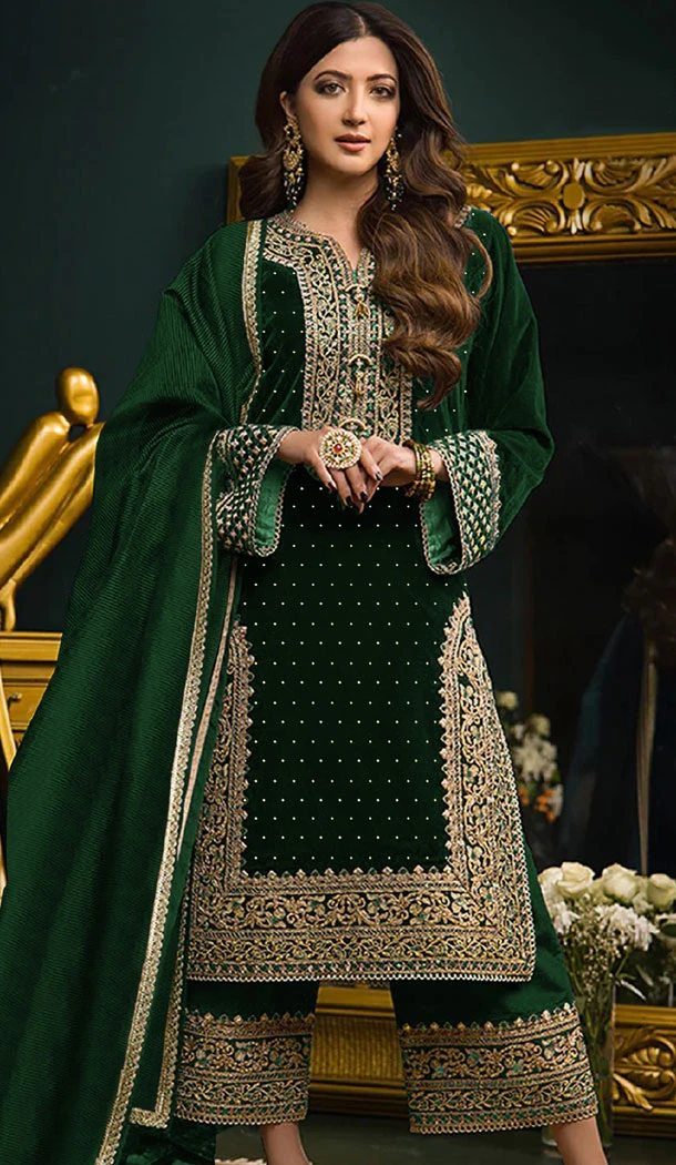 Velvet Embroidery Work Pakistani Palazzo Suit In Green - 8412182264