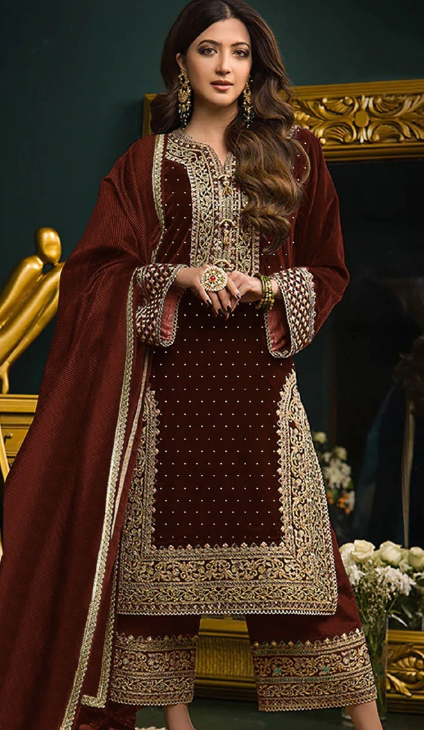 Velvet Embroidery Work Pakistani Palazzo Suit In Maroon - 8412182265