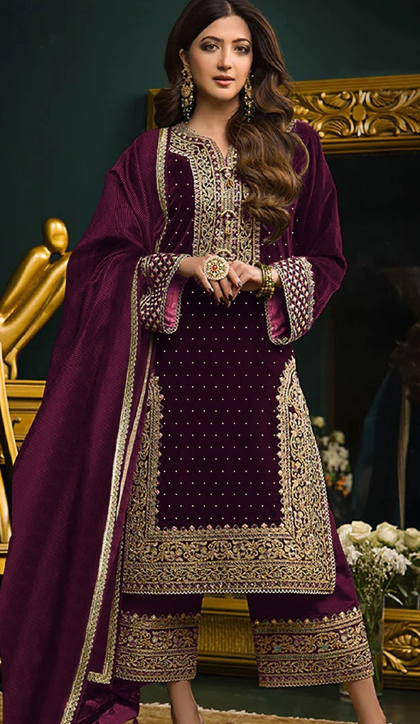 Velvet Embroidery Work Pakistani Palazzo Suit In Purple - 8412182266
