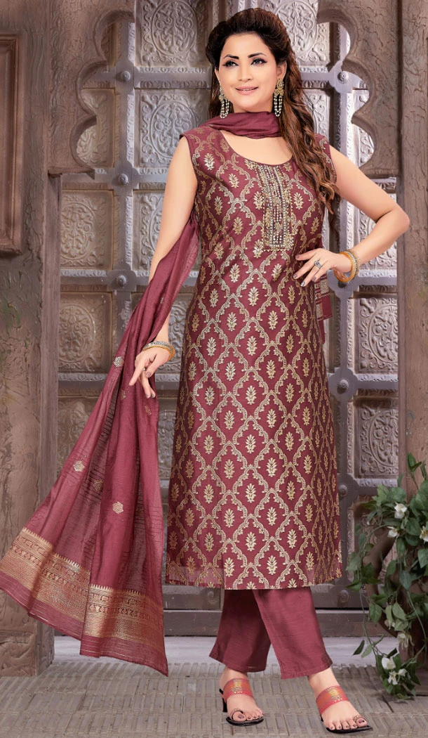 Brocade Silk Zari Work Readymade Wine Color Salwar Suit - 8413182267
