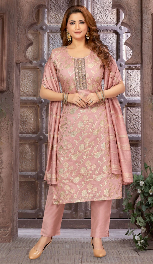 Brocade Silk With Resham Work Readymade Peach Color Salwar Suit - 8413182269