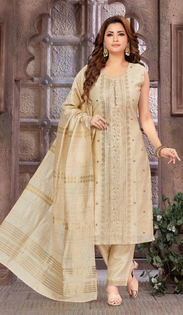 Tissue With Sequins Work Readymade Cream Color Salwar Suit - 8413182270