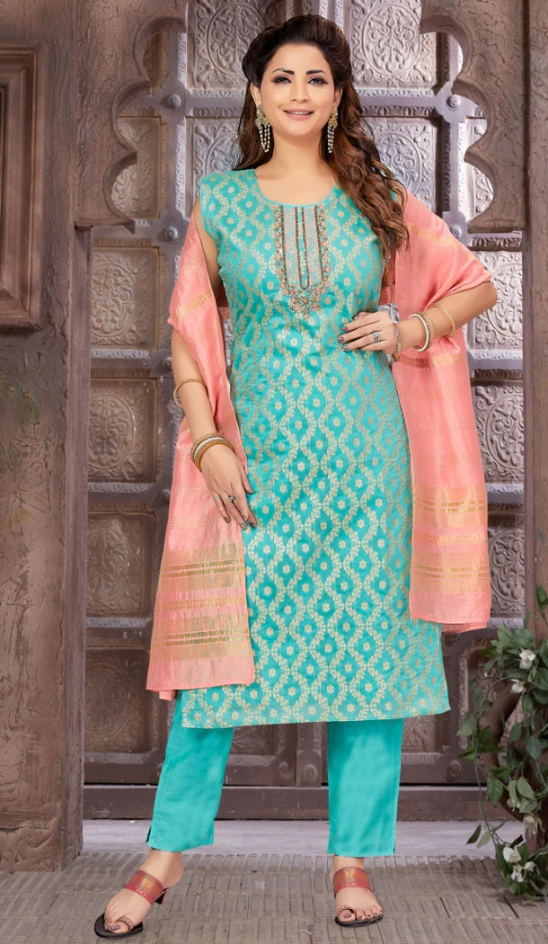 Brocade Silk With Resham Work Readymade Sky Blue Color Salwar Suit - 8413182271