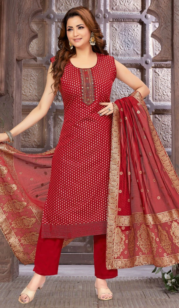 Brocade Silk With Resham Work Readymade Maroon Color Salwar Suit - 8413182274