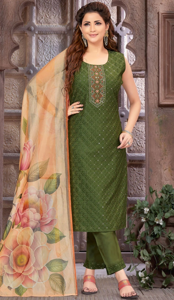 Soft Silk With Resham Work Readymade Mehendi Green Color Salwar Suit - 8413182275