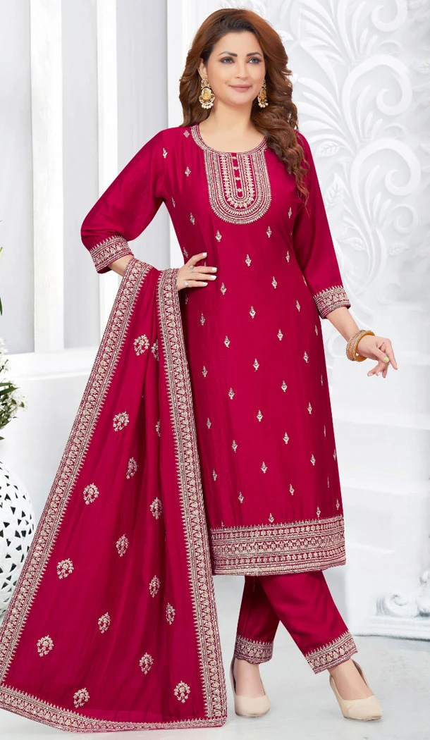 Vichitra Silk With Sequins Work Readymade Rani Pink Color Salwar Suit - 8413182276