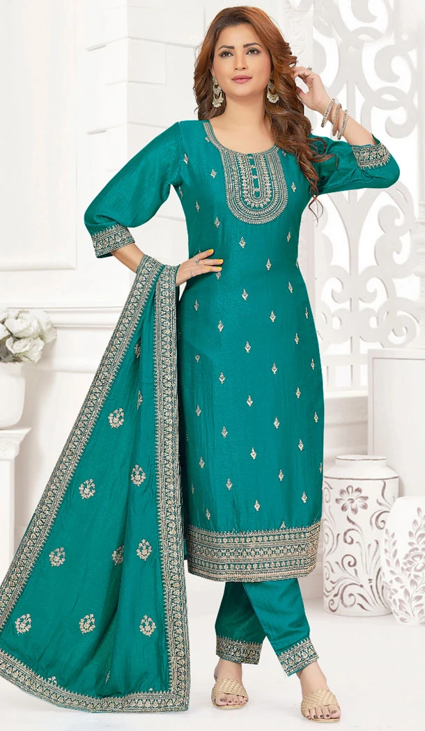 Vichitra Silk With Sequins Work Readymade Teal Blue Color Salwar Suit - 8413182277