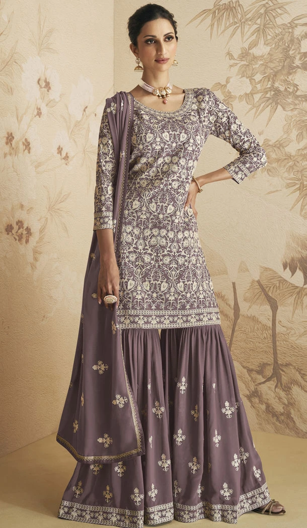 Light Purple Georgette Embroidery Work Pakistani Sharara Suit - 8414182278