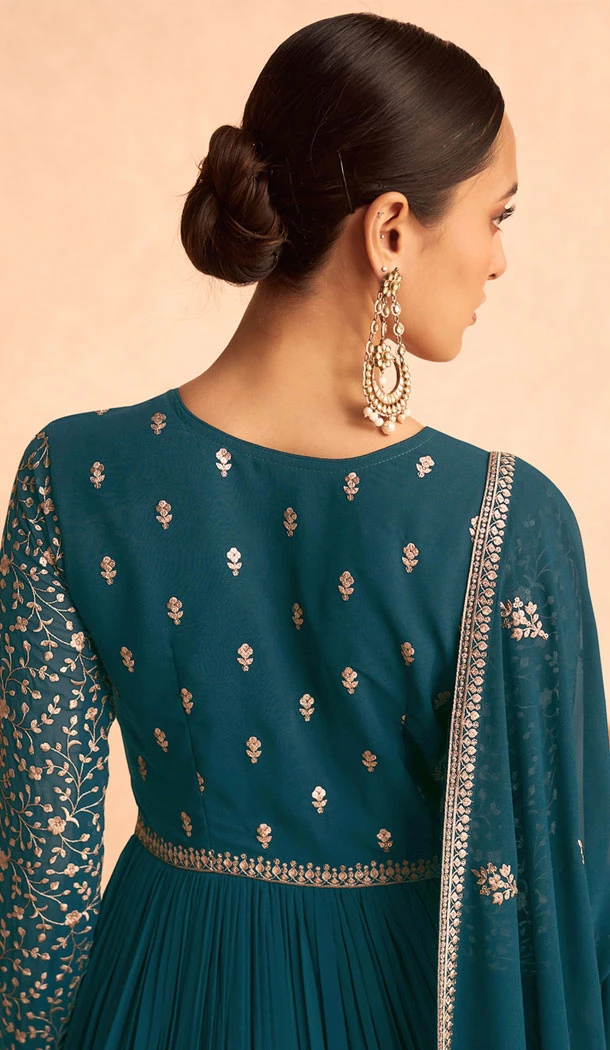 Georgette Embroidery Work Anarkali Style Salwar Suit In Teal Blue - 8415182281