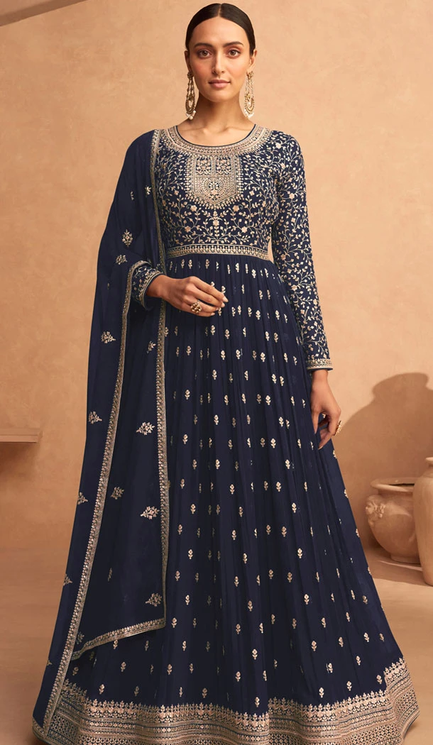 Georgette Embroidery Work Anarkali Style Salwar Suit In Navy Blue - 8415182282