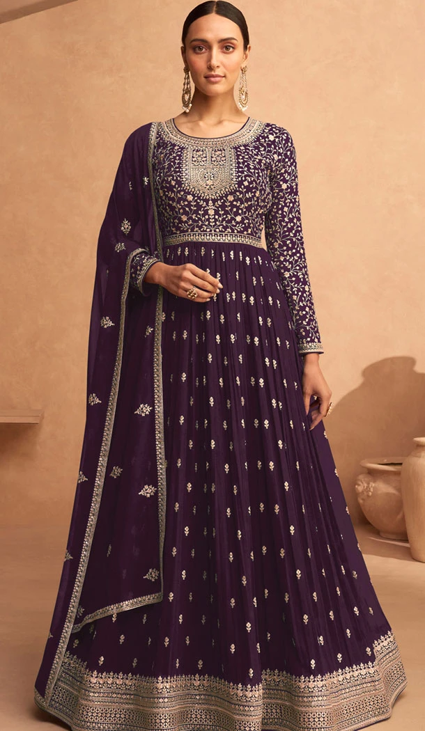 Georgette Embroidery Work Anarkali Style Salwar Suit In Purple - 8415182283