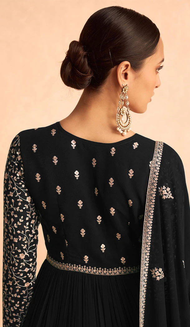 Georgette Embroidery Work Anarkali Style Salwar Suit In Black - 8415182284