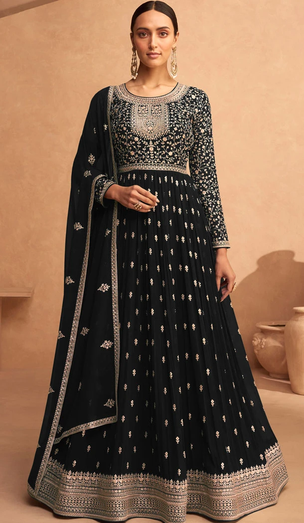 Georgette Embroidery Work Anarkali Style Salwar Suit In Black - 8415182284