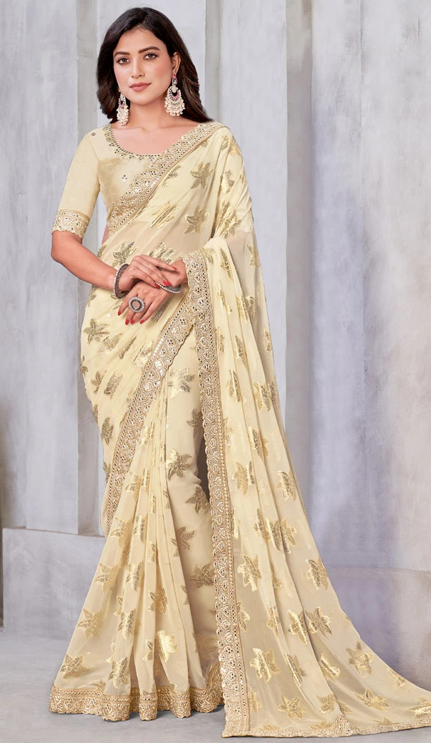 Weaving Work Georgette Cream Party Wear Saree - 8421182318