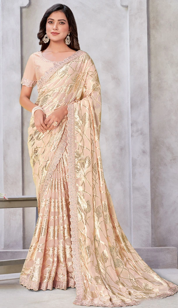 Weaving Work Georgette Peach Party Wear Saree - 8421182319