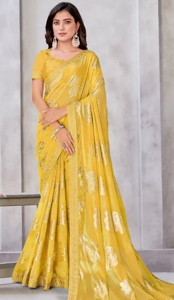 Weaving Work Georgette Yellow Party Wear Saree - 8421182321