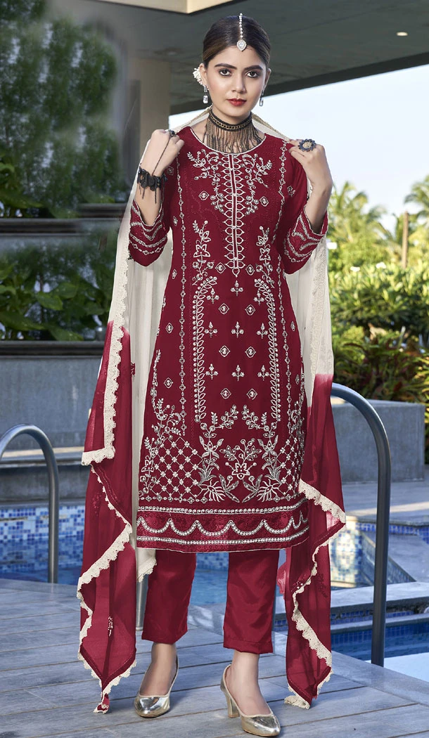 Heavy Georgette Embroidery Work Pakistani Salwar Suit In Maroon - 8426182371