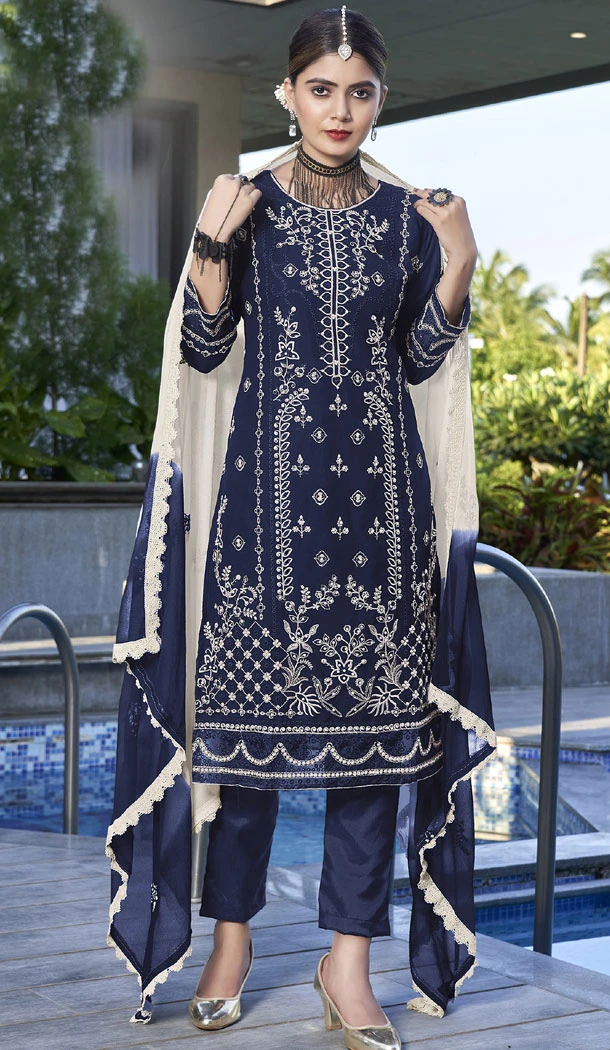 Heavy Georgette Embroidery Work Pakistani Salwar Suit In Navy Blue - 8426182372