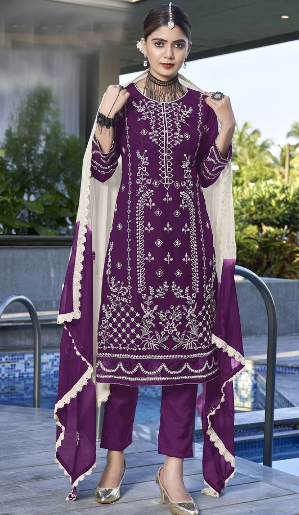 Heavy Georgette Embroidery Work Pakistani Salwar Suit In Purple - 8426182373